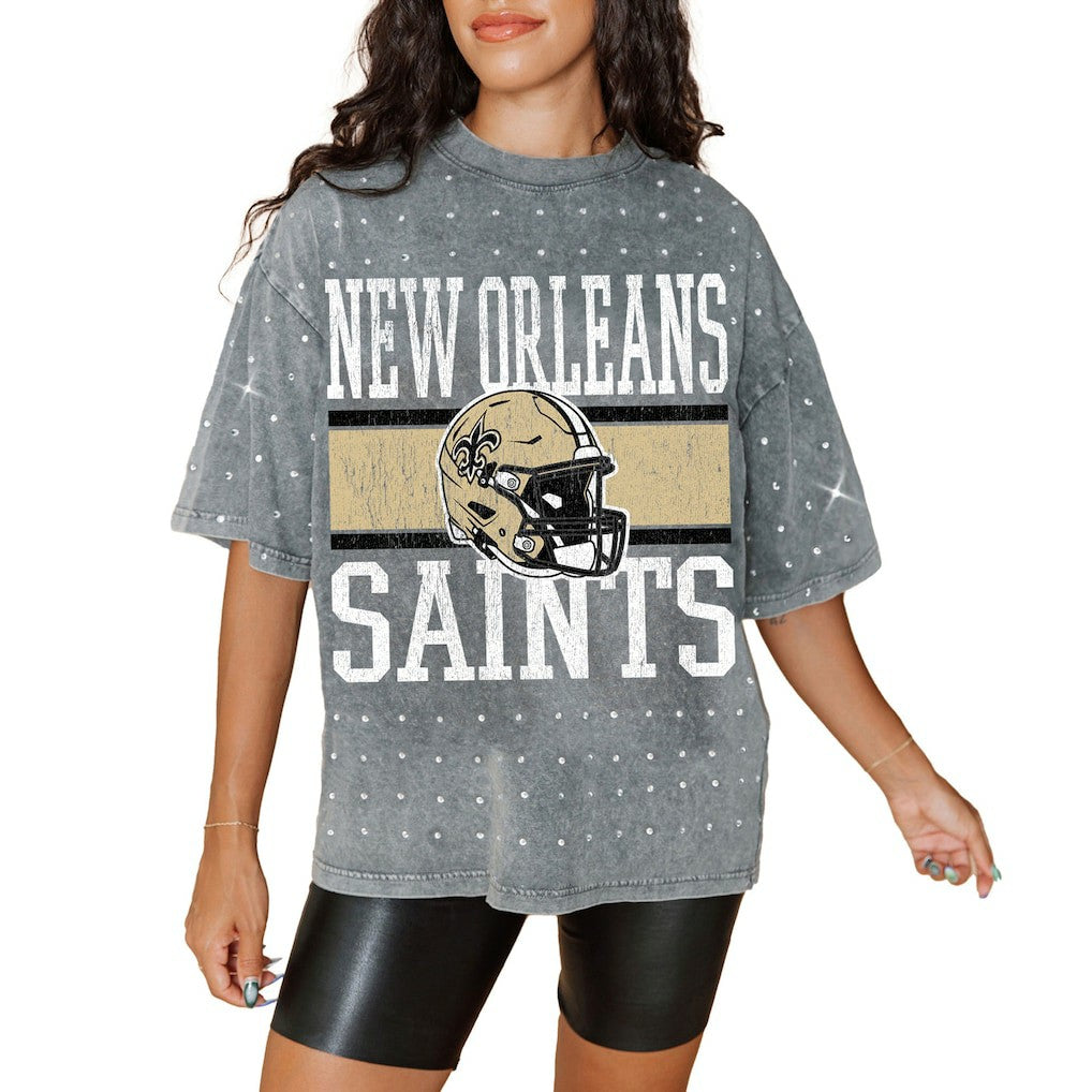 New Orleans Saints Gameday Couture Women's Oversized Mini Rhinestone Classic T-Shirt - Gray - NFL
