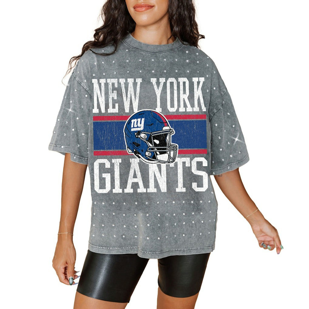 New York Giants Gameday Couture Women's Oversized Mini Rhinestone Classic T-Shirt - Gray - NFL