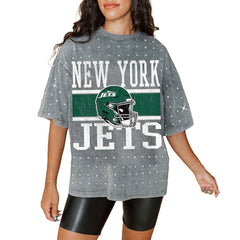 New York Jets Gameday Couture Women's Oversized Mini Rhinestone Classic T-Shirt - Gray - NFL