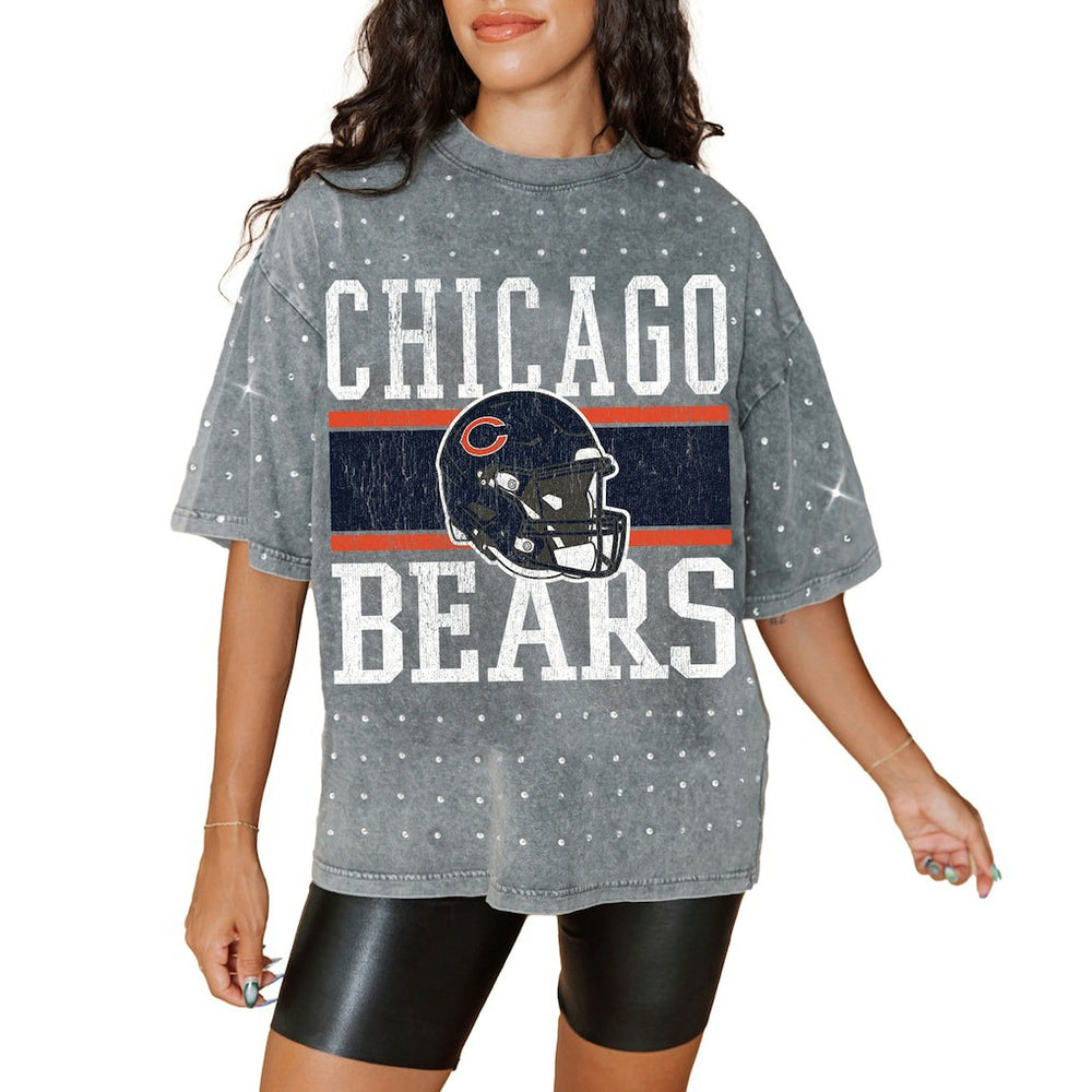 Chicago Bears Gameday Couture Women's Oversized Mini Rhinestone Classic T-Shirt - Gray - NFL