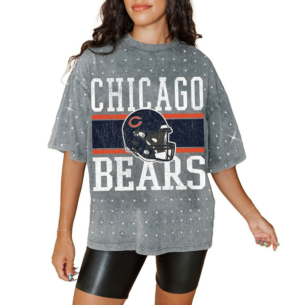 Chicago Bears Gameday Couture Women's Oversized Mini Rhinestone Classic T-Shirt - Gray - NFL