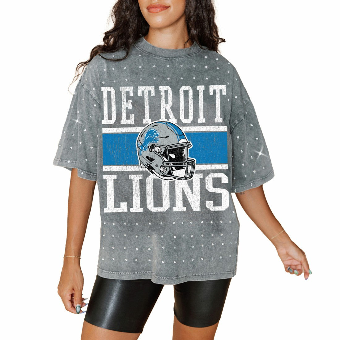Detroit Lions Gameday Couture Women's Oversized Mini Rhinestone Classic T-Shirt - Gray - NFL