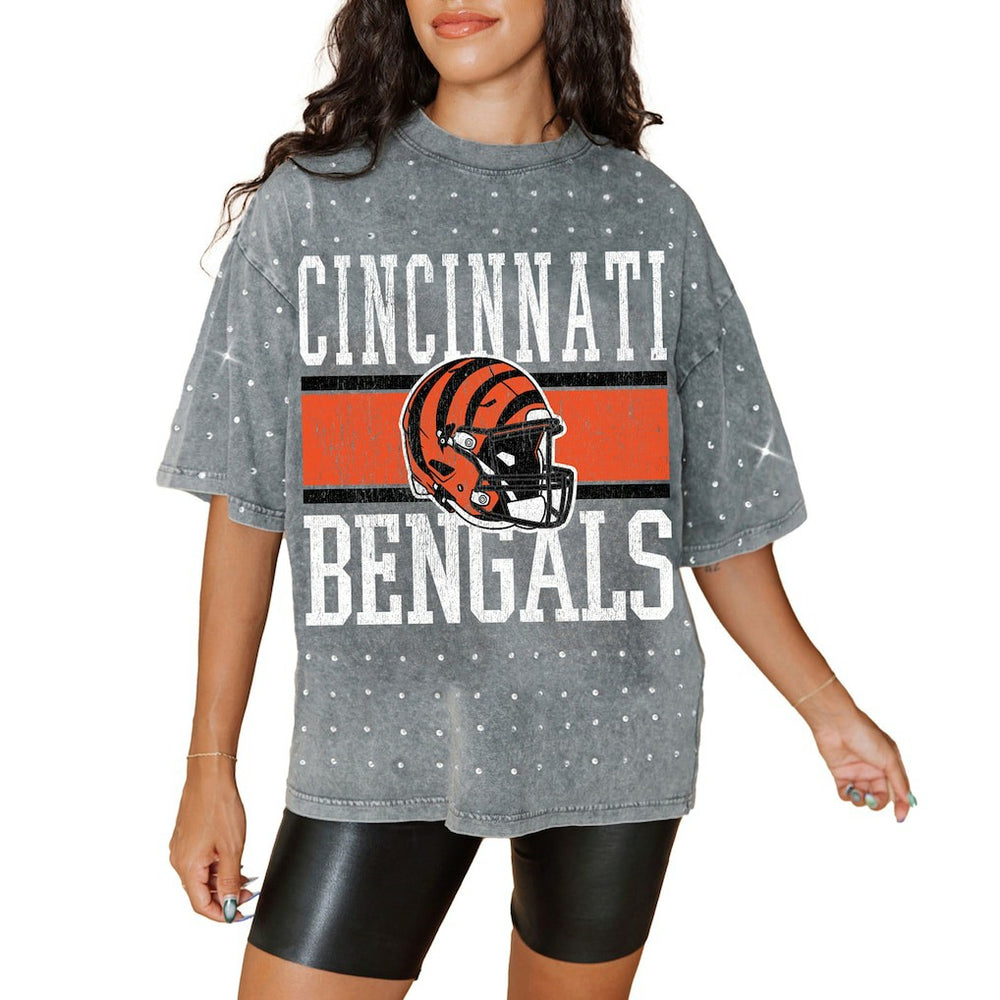 Cincinnati Bengals Gameday Couture Women's Oversized Mini Rhinestone Classic T-Shirt - Gray - NFL