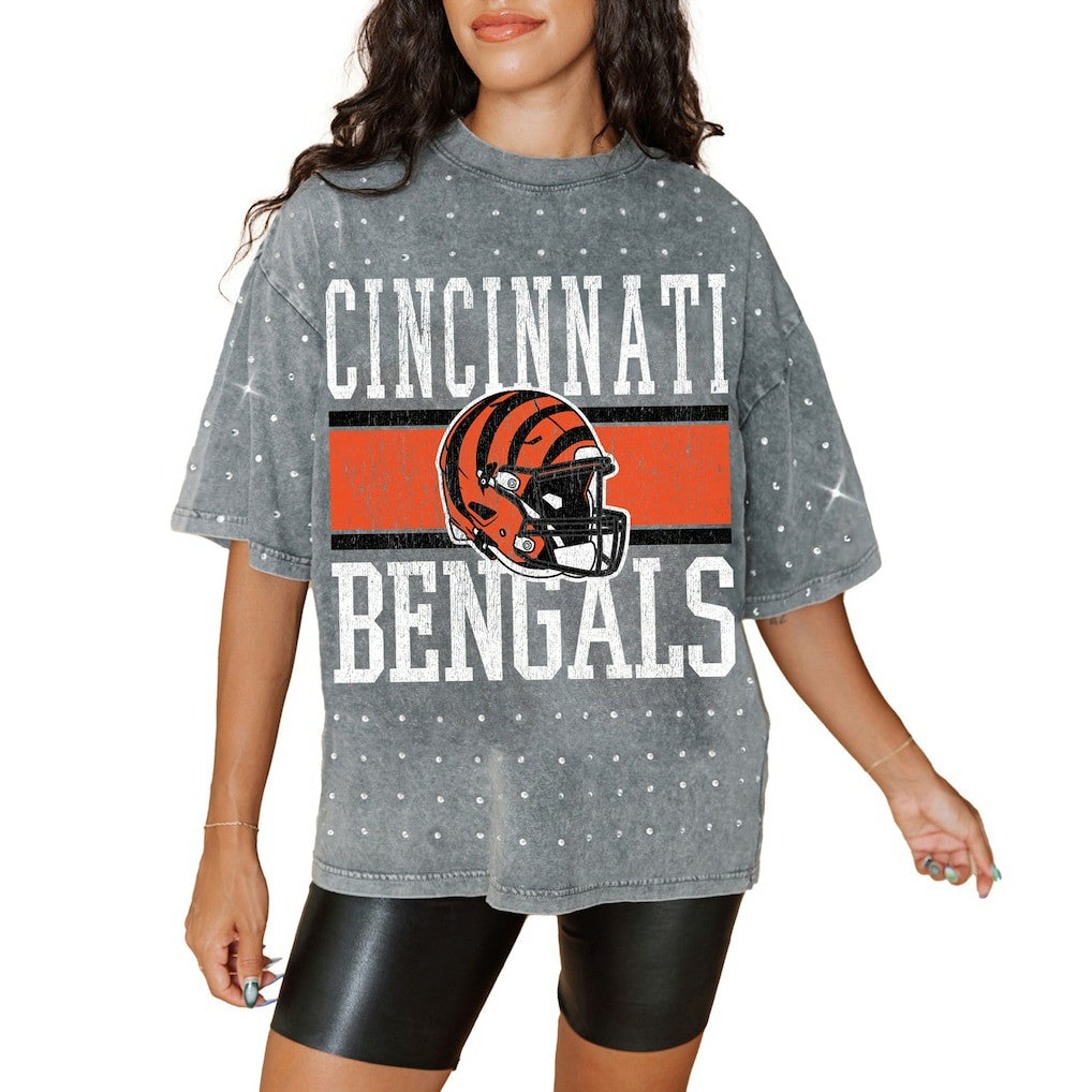 Cincinnati Bengals Gameday Couture Women's Oversized Mini Rhinestone Classic T-Shirt - Gray - NFL