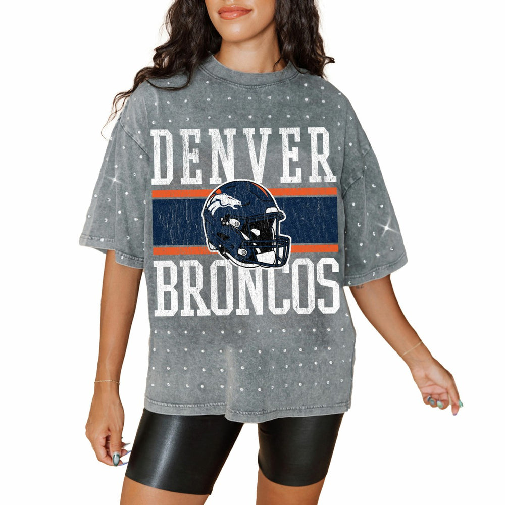 Denver Broncos Gameday Couture Women's Oversized Mini Rhinestone Classic T-Shirt - Gray - NFL