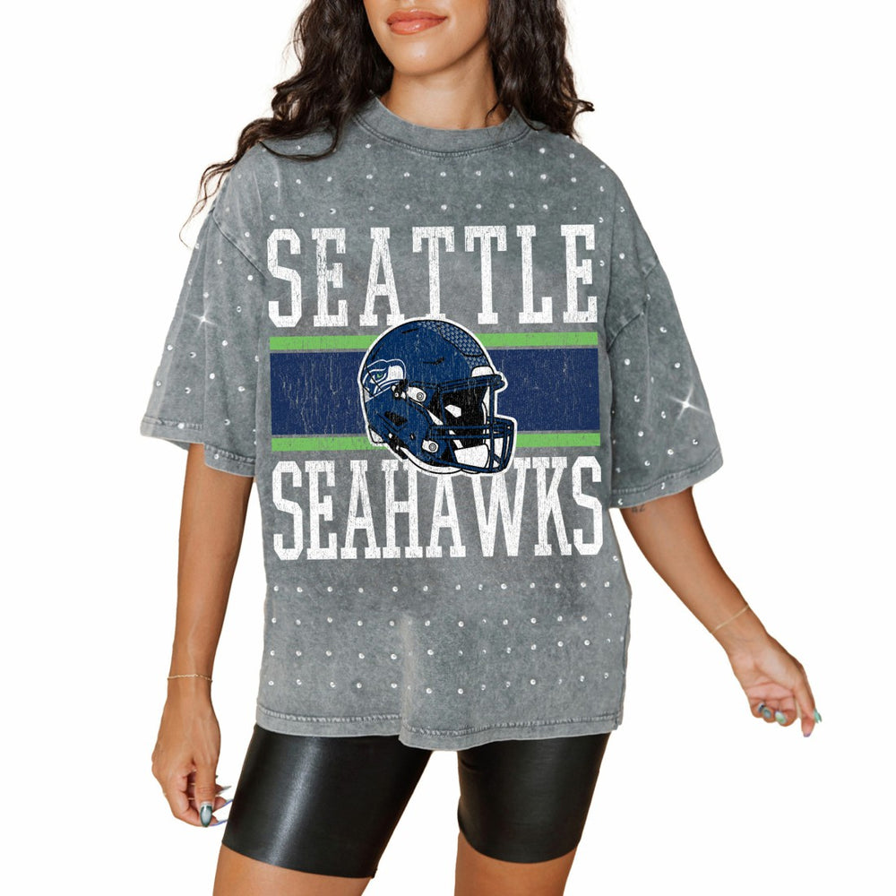 Seattle Seahawks Gameday Couture Women's Oversized Mini Rhinestone Classic T-Shirt - Gray - NFL