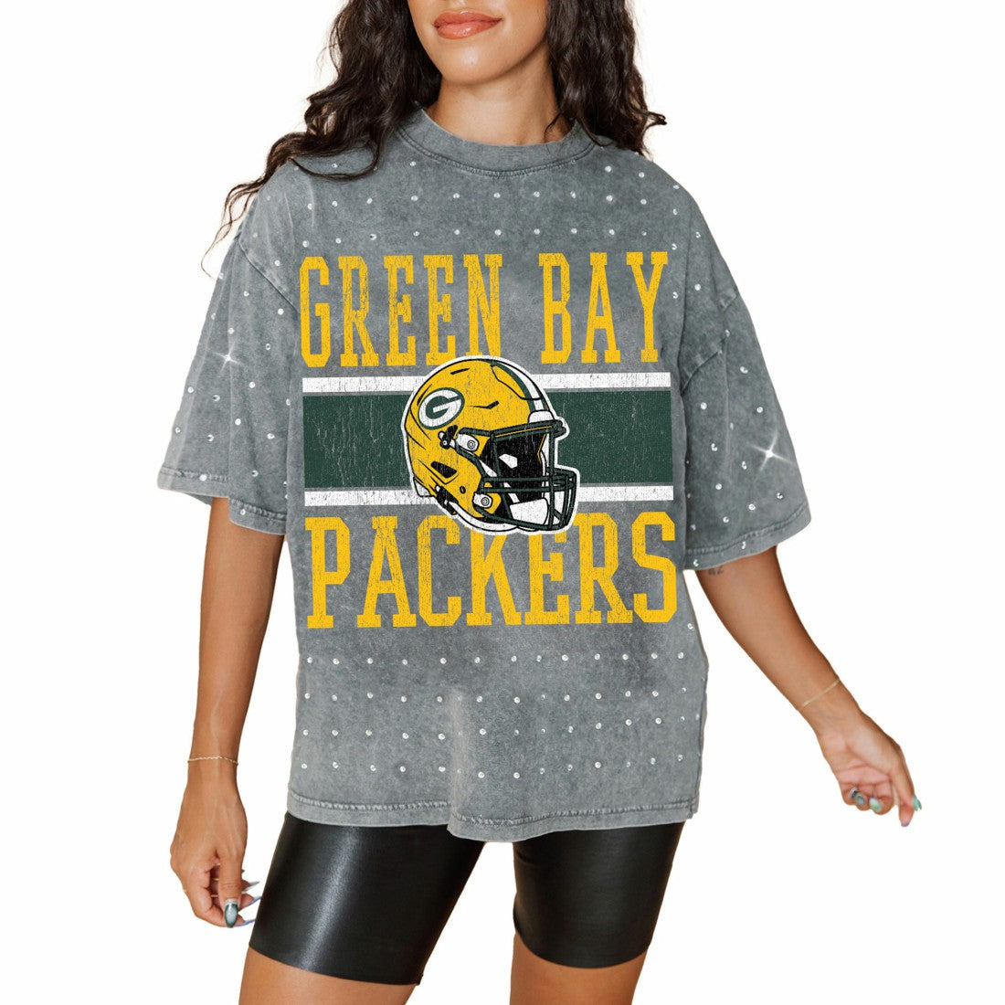 Green Bay Packers Gameday Couture Women's Oversized Mini Rhinestone Classic T-Shirt - Gray - NFL