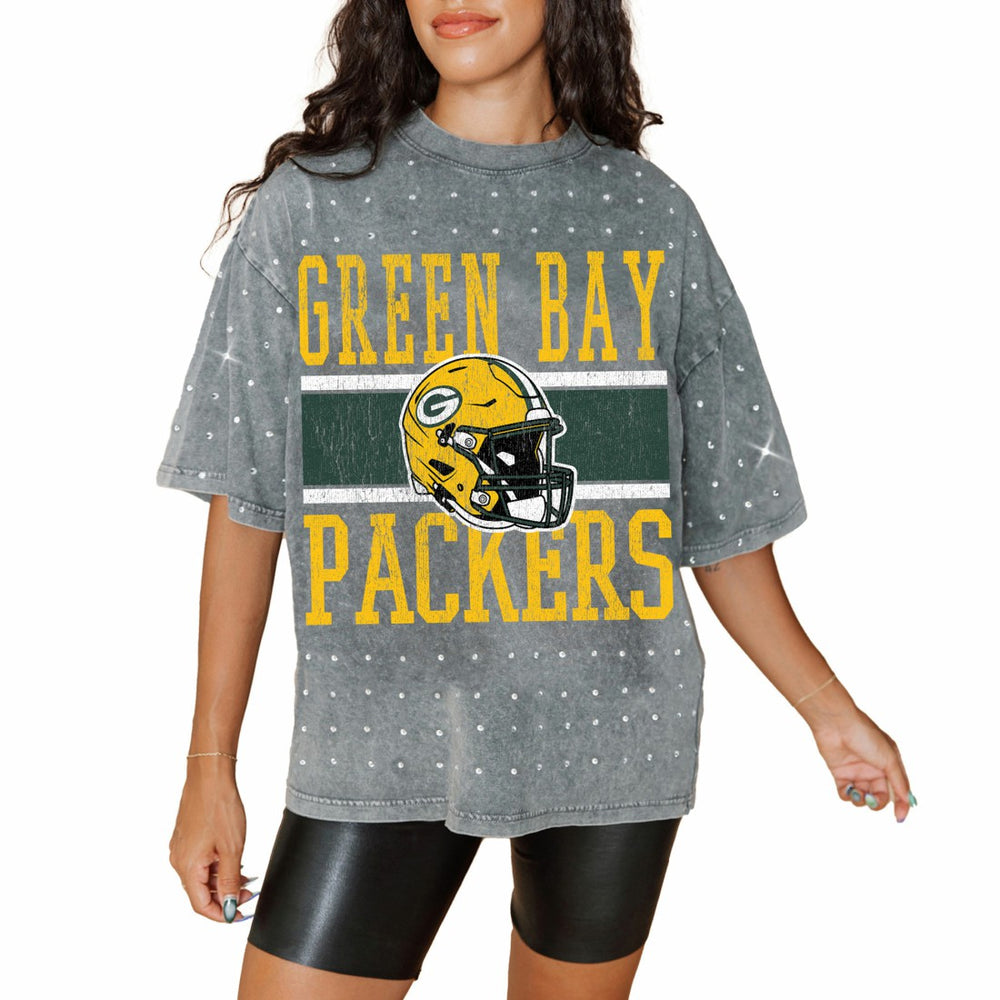 Green Bay Packers Gameday Couture Women's Oversized Mini Rhinestone Classic T-Shirt - Gray - NFL