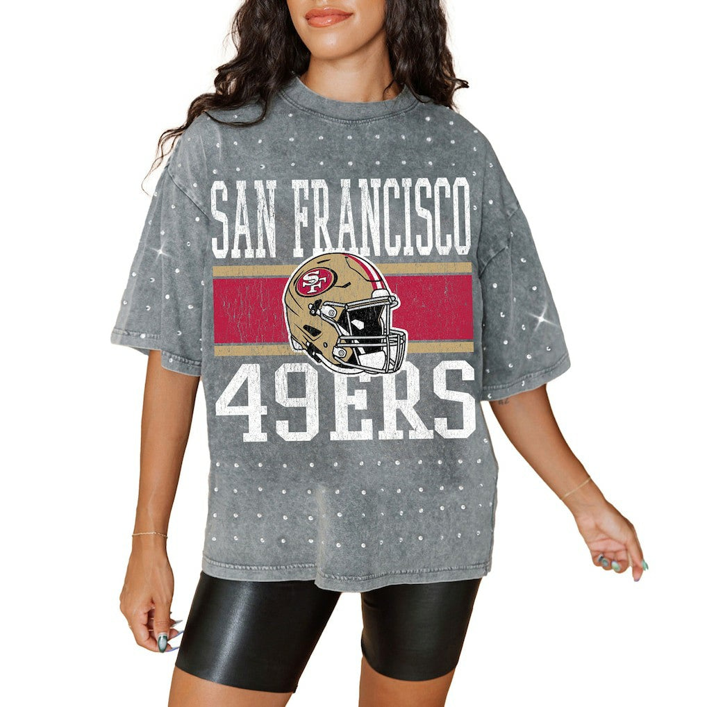 San Francisco 49ers Gameday Couture Women's Oversized Mini Rhinestone Classic T-Shirt - Gray - NFL