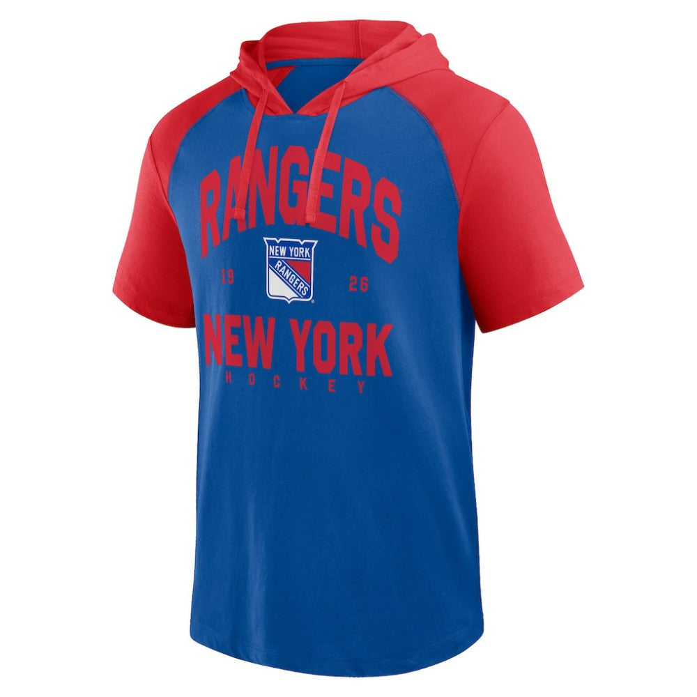 New York Rangers Logo Athletic Prime Raglan Short Sleeve Pullover Hoodie - Blue | NHL near me