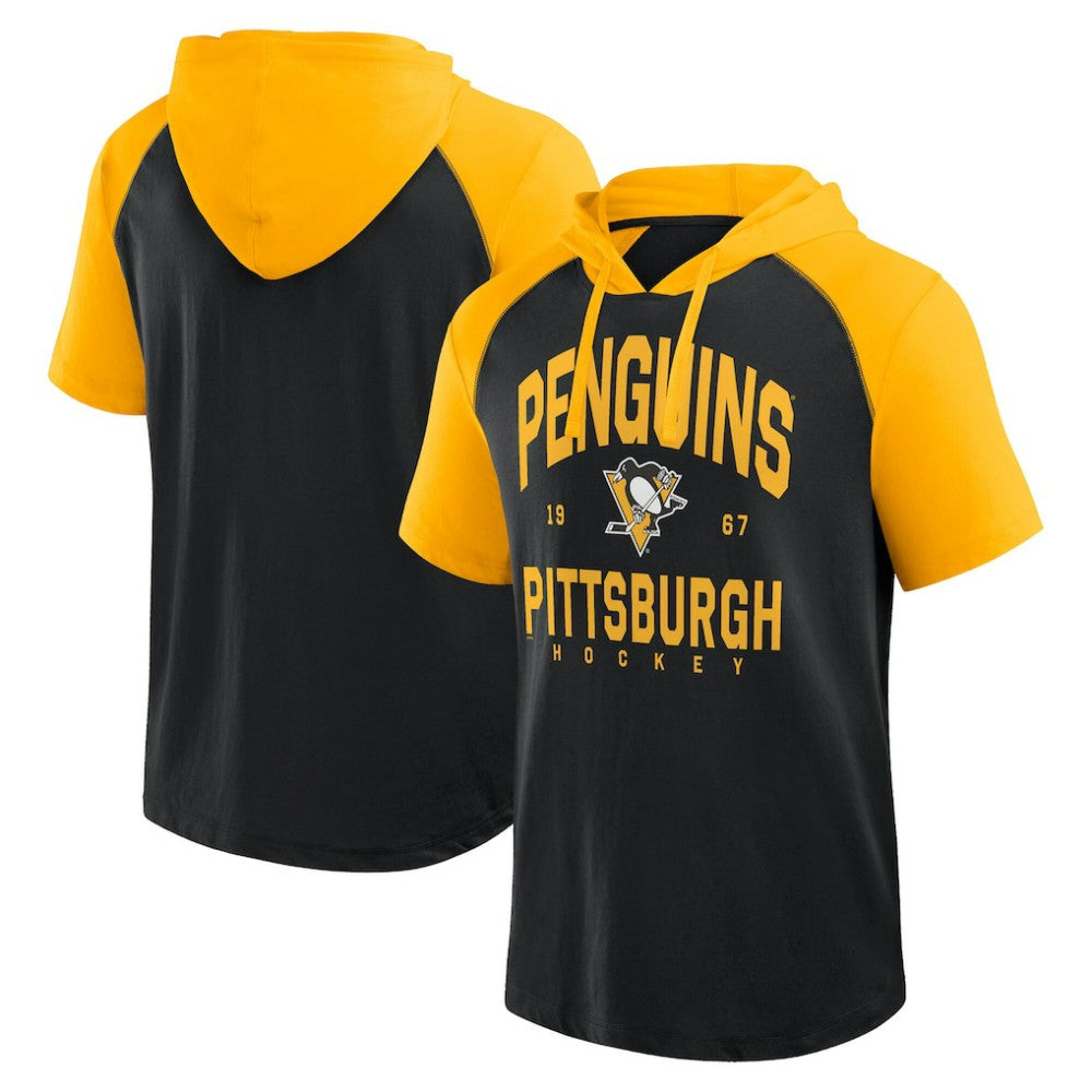 Pittsburgh Penguins Logo Athletic Prime Raglan Short Sleeve Pullover Hoodie - Black | NHL Lifestyle