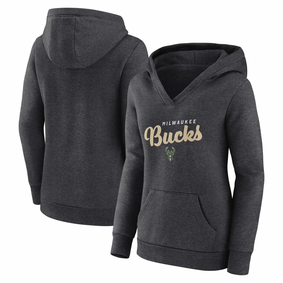 Milwaukee Bucks Logo Athletic Women's Triumphant V-Neck Pullover Hoodie Heather Charcoal