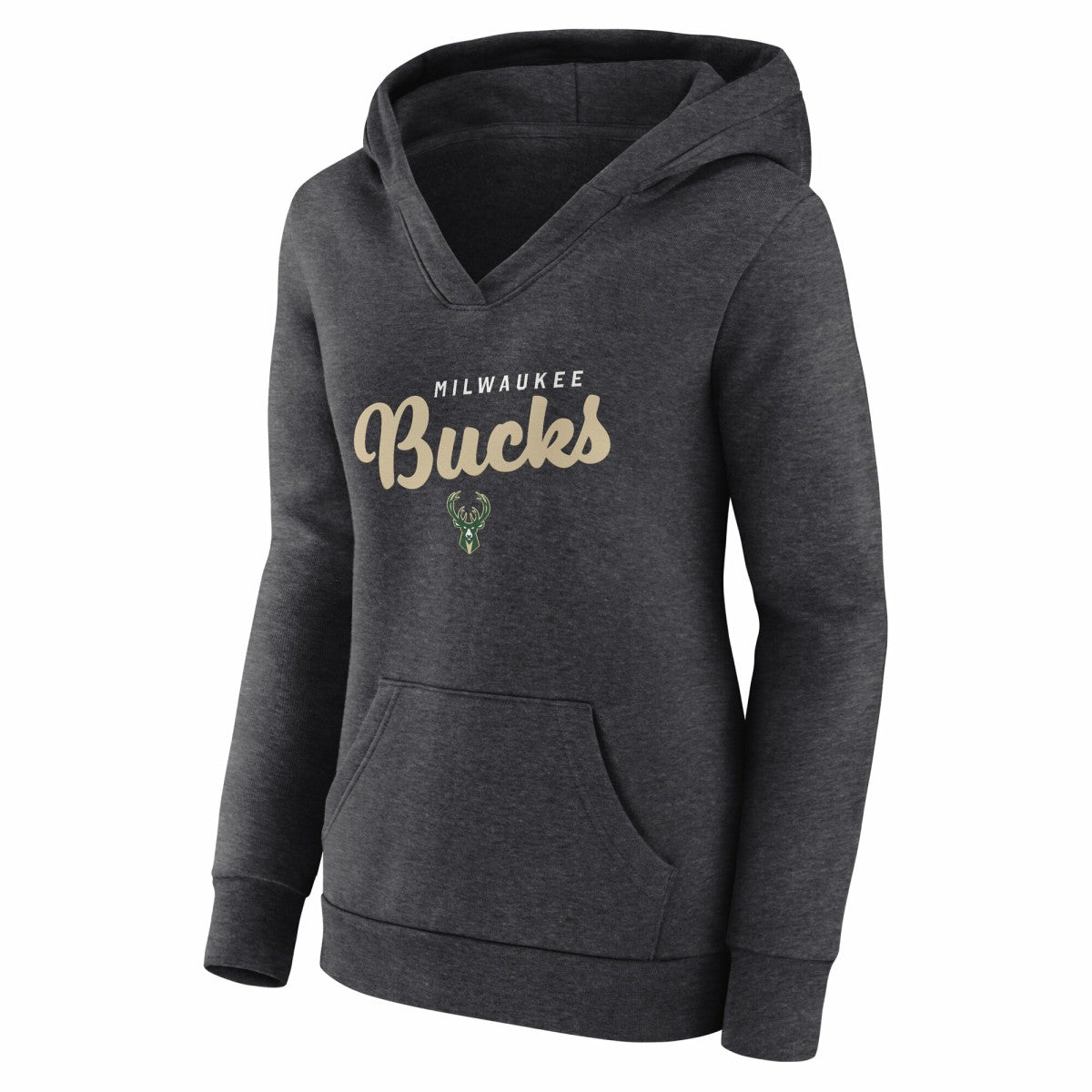 Milwaukee Bucks Logo Athletic Women's Triumphant V-Neck Pullover Hoodie Heather Charcoal