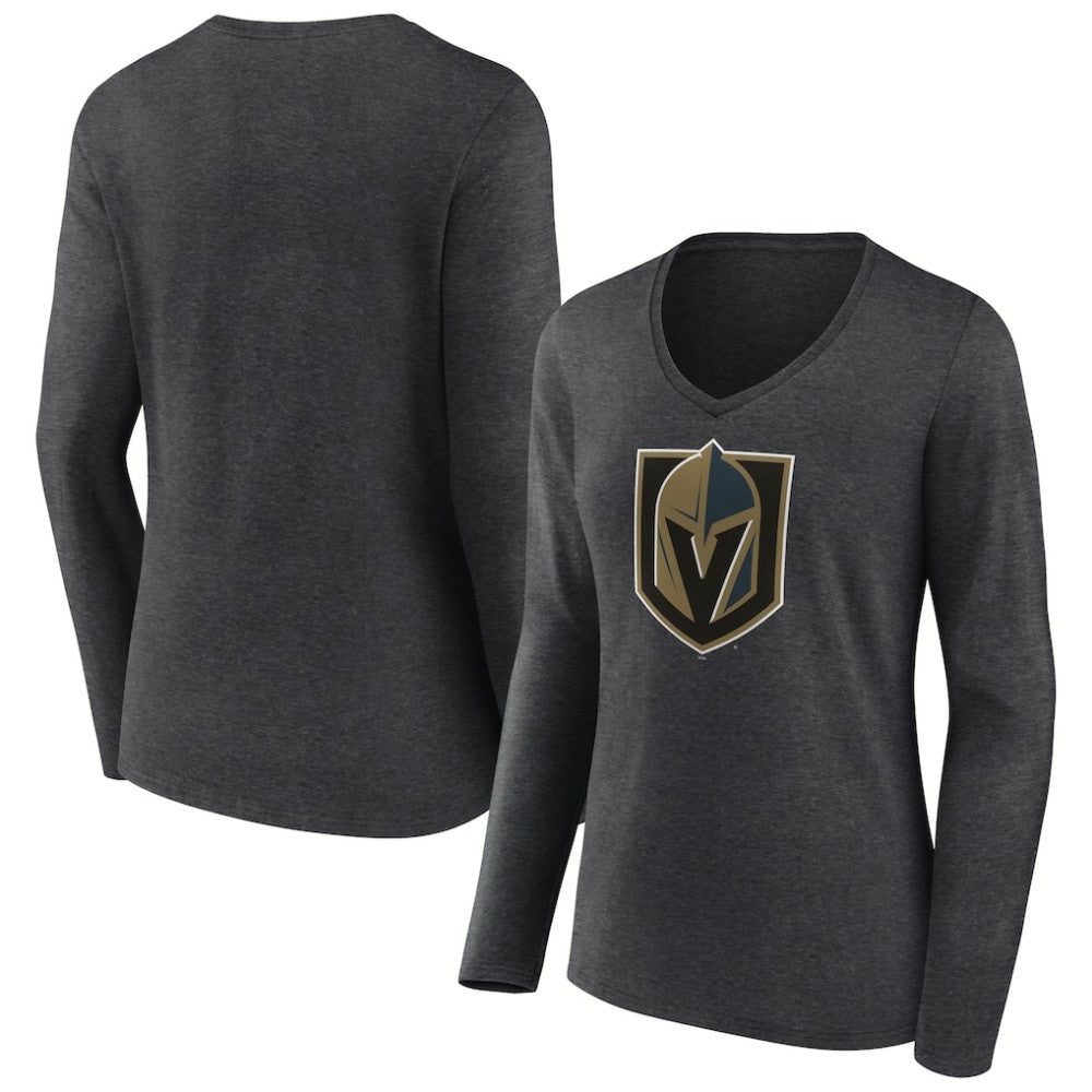 Vegas Golden Knights Women's Primary Logo Long Sleeve V-Neck T-Shirt - Charcoal | NHL Clearance