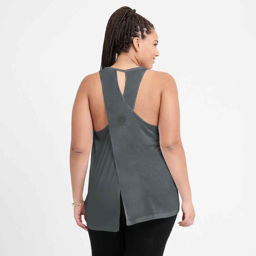 Las Vegas Raiders Women's Glory Open-Back Crisscross Dri-FIT Tank Top - Charcoal - Nike