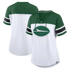 New York Jets Women's Athena Rhinestone Lace-Up V-Neck T-Shirt - White/Green - Fanatics