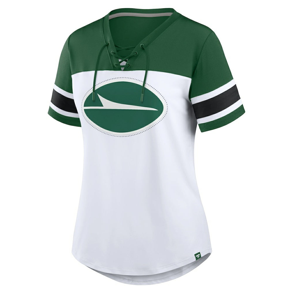 New York Jets Women's Athena Rhinestone Lace-Up V-Neck T-Shirt - White/Green - Fanatics