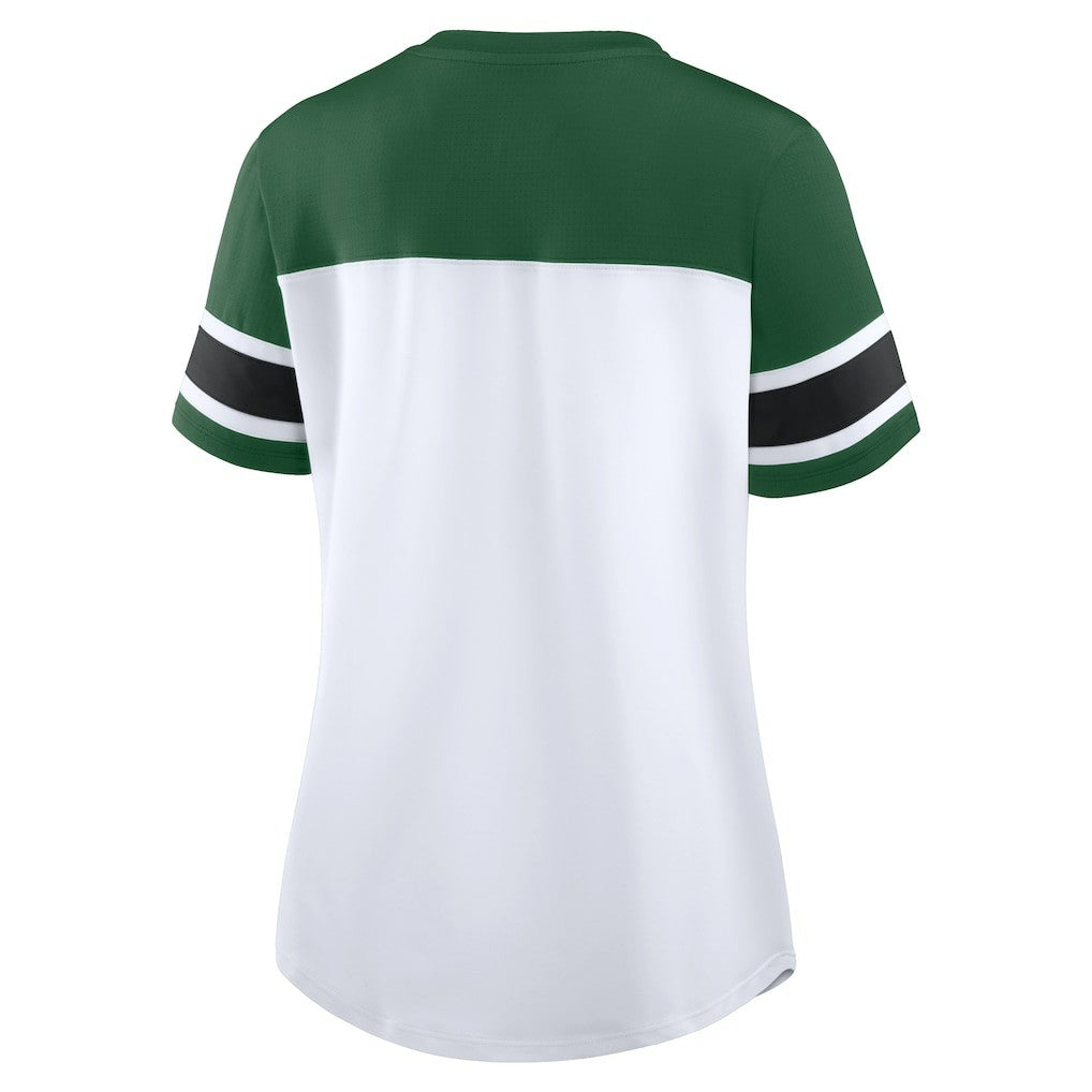 New York Jets Women's Athena Rhinestone Lace-Up V-Neck T-Shirt - White/Green - Fanatics