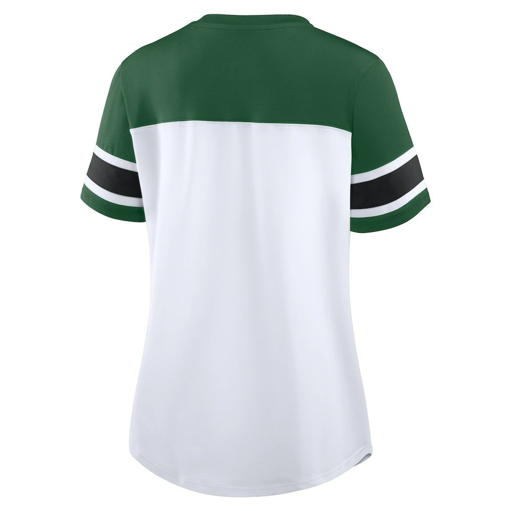 New York Jets Women's Athena Rhinestone Lace-Up V-Neck T-Shirt - White/Green - Fanatics