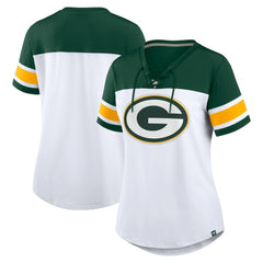 Green Bay Packers Women's Athena Rhinestone Lace-Up V-Neck T-Shirt - White/Green - Fanatics