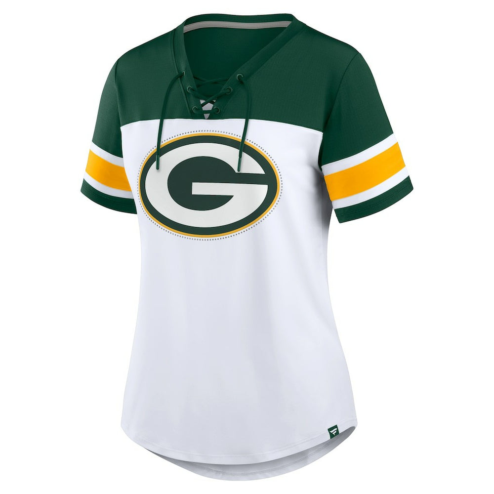 Green Bay Packers Women's Athena Rhinestone Lace-Up V-Neck T-Shirt - White/Green - Fanatics
