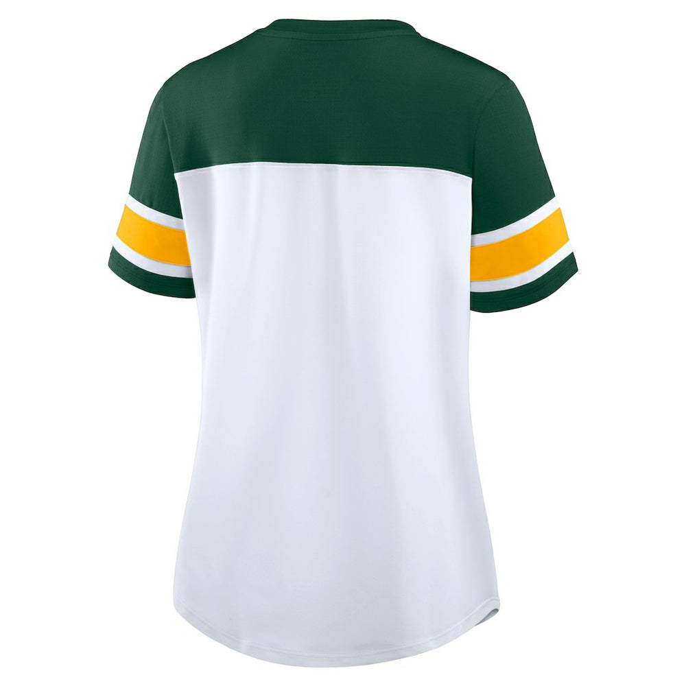 Green Bay Packers Women's Athena Rhinestone Lace-Up V-Neck T-Shirt - White/Green - Fanatics