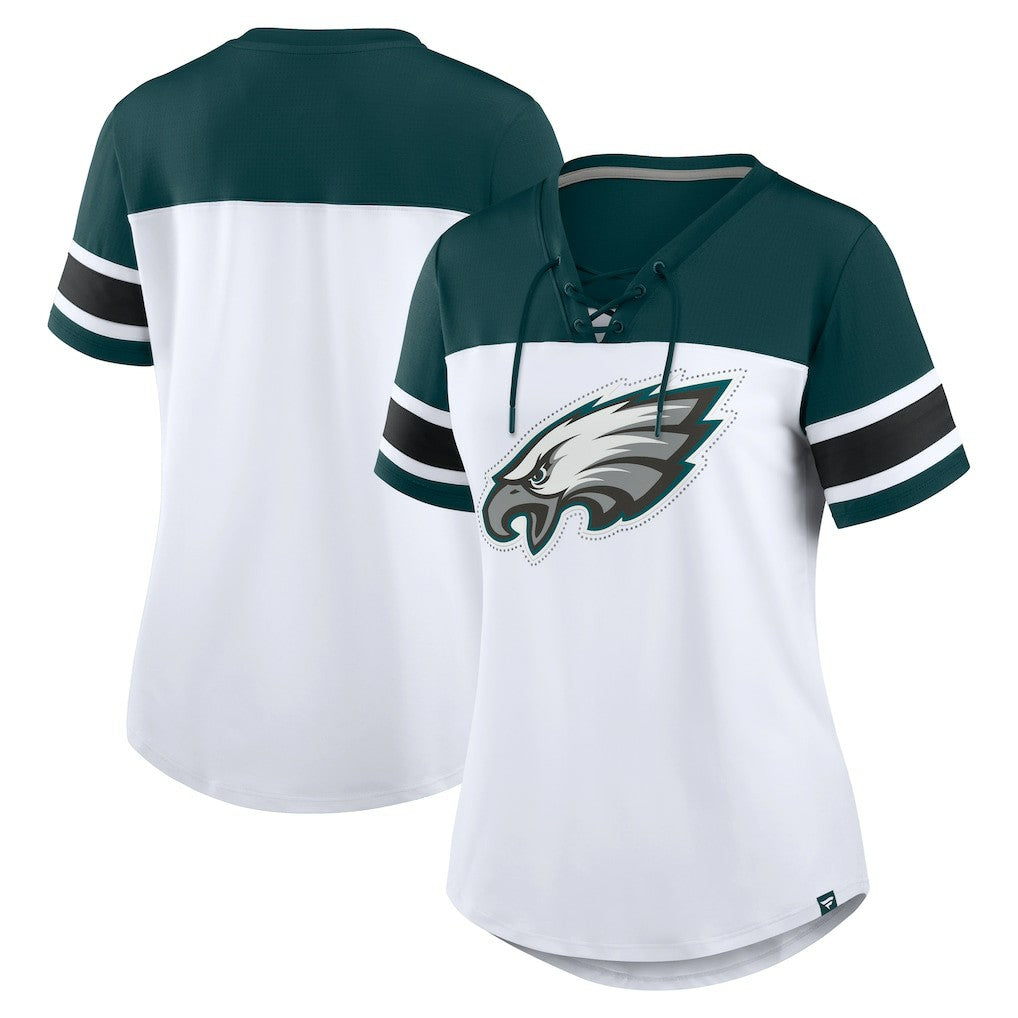 Philadelphia Eagles Women's Athena Rhinestone Lace-Up V-Neck T-Shirt - White/Midnight Green - Fanatics