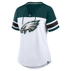 Philadelphia Eagles Women's Athena Rhinestone Lace-Up V-Neck T-Shirt - White/Midnight Green - Fanatics