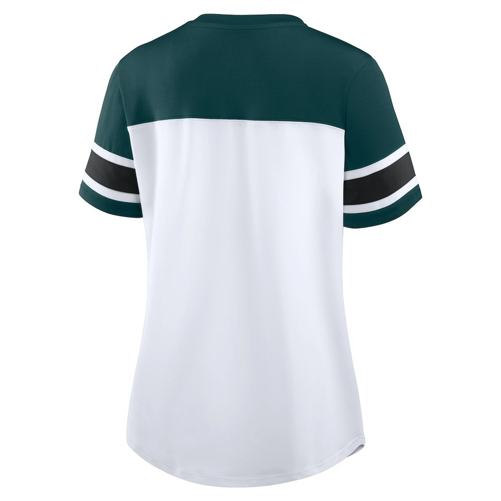 Philadelphia Eagles Women's Athena Rhinestone Lace-Up V-Neck T-Shirt - White/Midnight Green - Fanatics