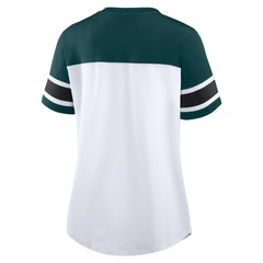 Philadelphia Eagles Women's Athena Rhinestone Lace-Up V-Neck T-Shirt - White/Midnight Green - Fanatics