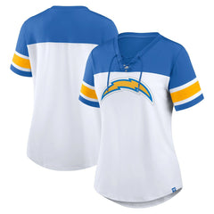 Los Angeles Chargers Women's Athena Rhinestone Lace-Up V-Neck T-Shirt - White/Powder Blue - Fanatics