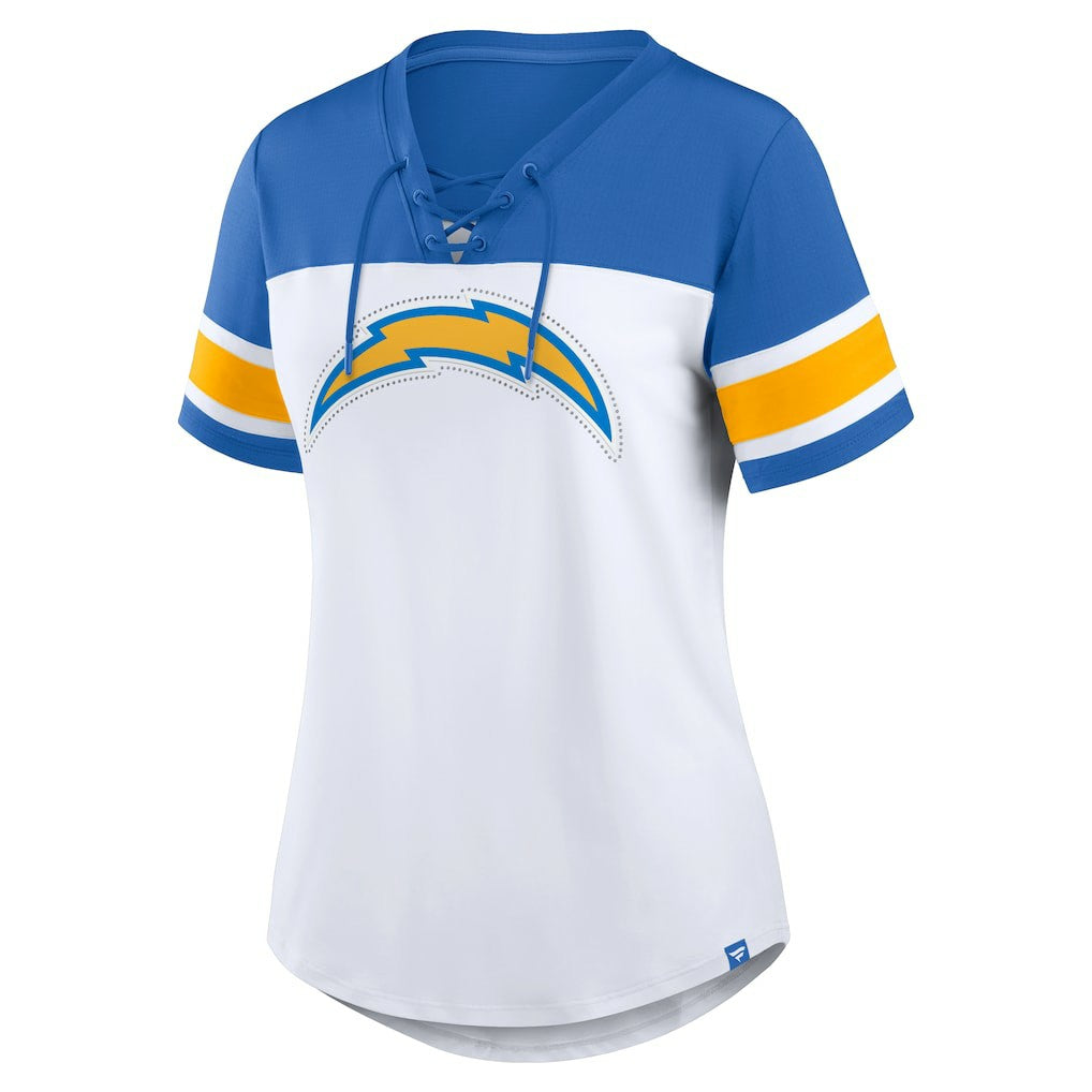 Los Angeles Chargers Women's Athena Rhinestone Lace-Up V-Neck T-Shirt - White/Powder Blue - Fanatics
