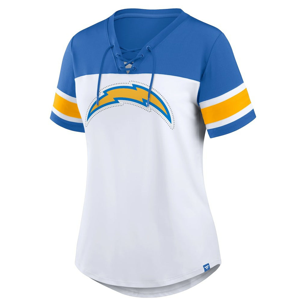 Los Angeles Chargers Women's Athena Rhinestone Lace-Up V-Neck T-Shirt - White/Powder Blue - Fanatics