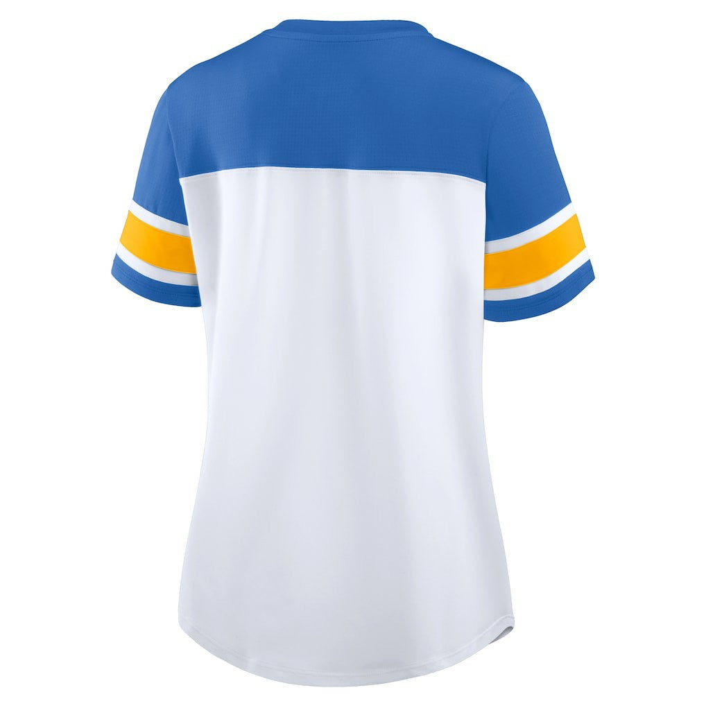 Los Angeles Chargers Women's Athena Rhinestone Lace-Up V-Neck T-Shirt - White/Powder Blue - Fanatics