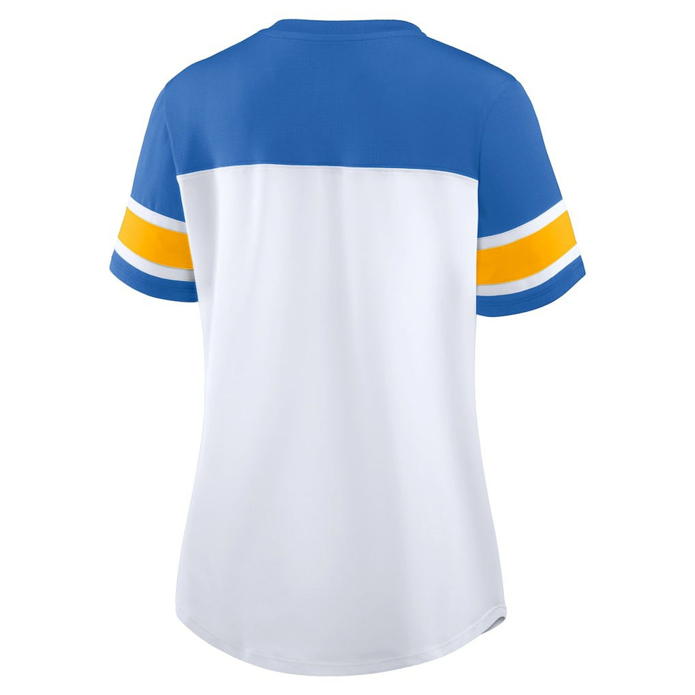 Los Angeles Chargers Women's Athena Rhinestone Lace-Up V-Neck T-Shirt - White/Powder Blue - Fanatics