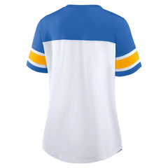 Los Angeles Chargers Women's Athena Rhinestone Lace-Up V-Neck T-Shirt - White/Powder Blue - Fanatics