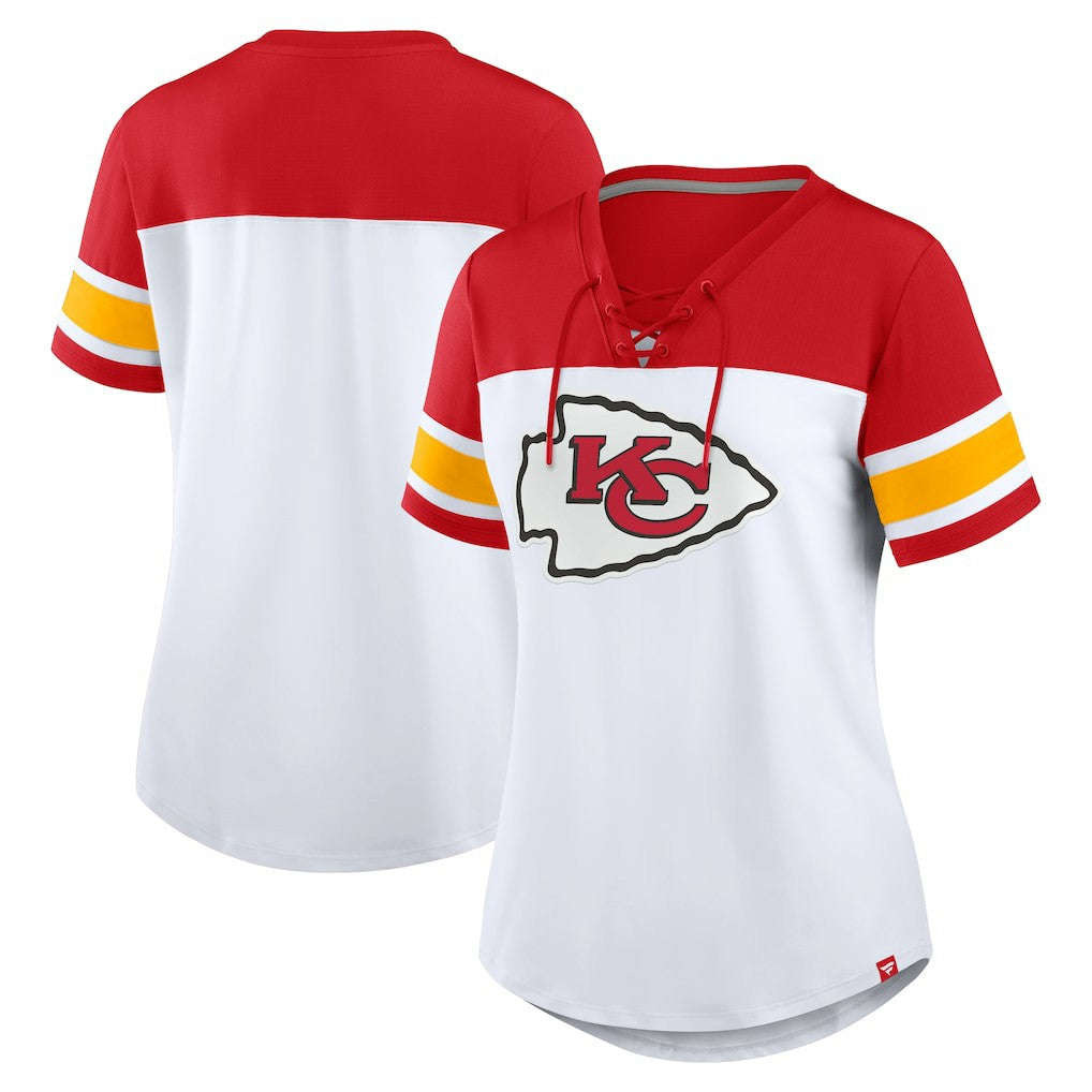 Kansas City Chiefs Women's Athena Lace-Up V-Neck T-Shirt - White/Red - Fanatics