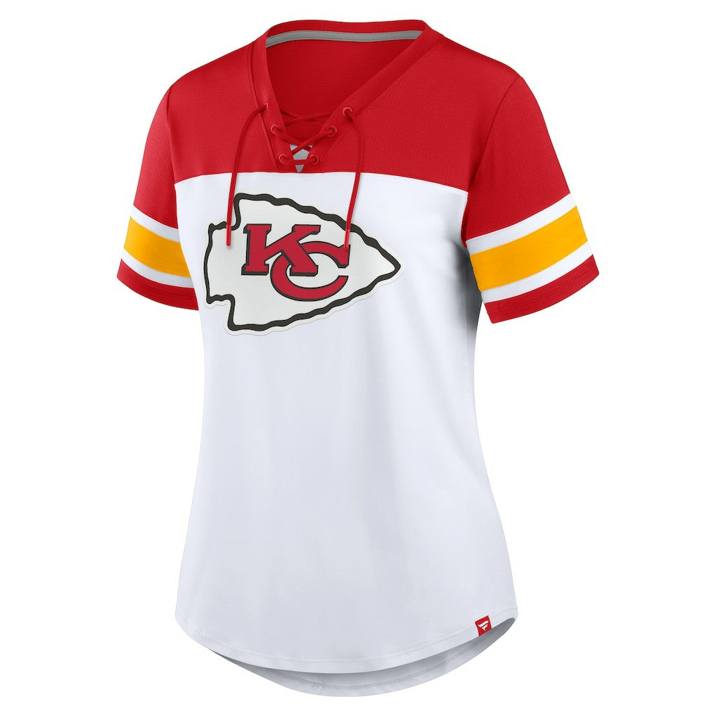 Kansas City Chiefs Women's Athena Lace-Up V-Neck T-Shirt - White/Red - Fanatics