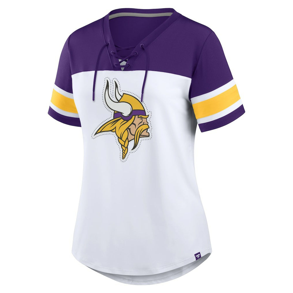 Minnesota Vikings Women's Athena Rhinestone Lace-Up V-Neck T-Shirt - White/Purple - Fanatics