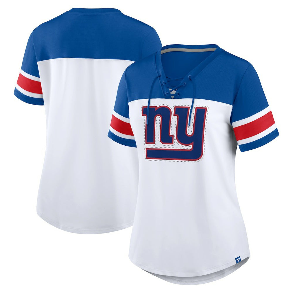 New York Giants Women's Athena Rhinestone Lace-Up V-Neck T-Shirt - White/Royal - Fanatics