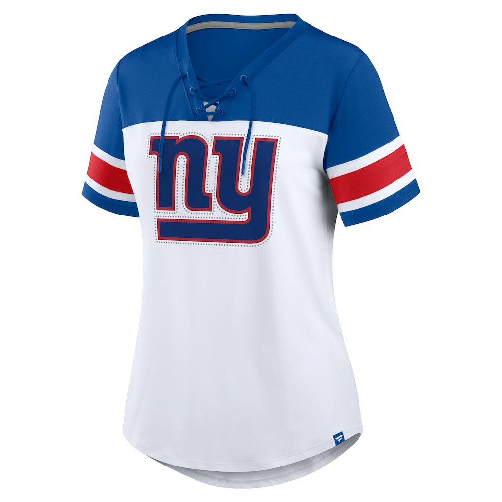 New York Giants Women's Athena Rhinestone Lace-Up V-Neck T-Shirt - White/Royal - Fanatics