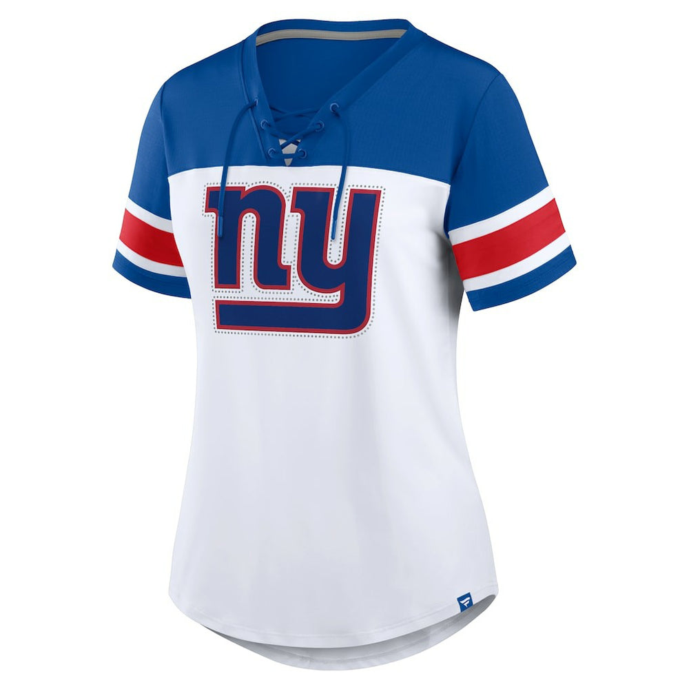 New York Giants Women's Athena Rhinestone Lace-Up V-Neck T-Shirt - White/Royal - Fanatics