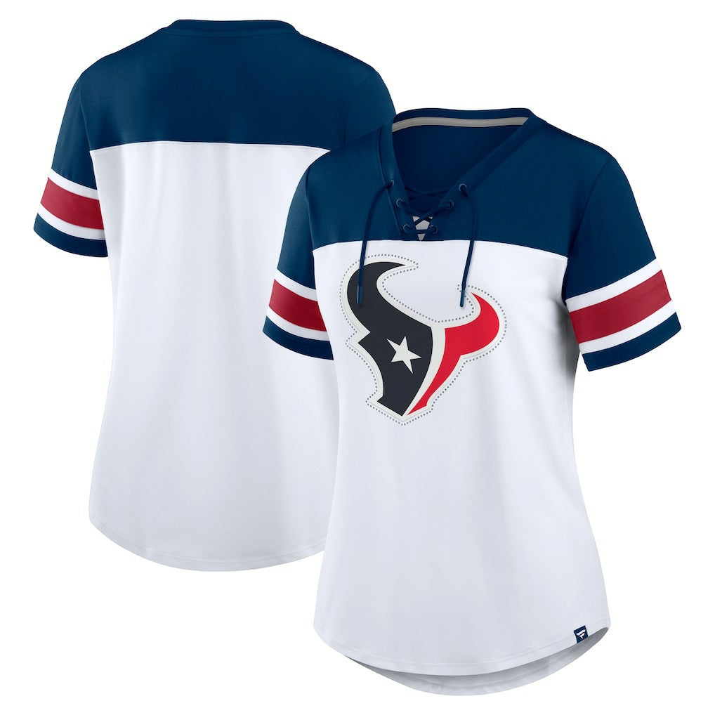 Houston Texans Women's Athena Rhinestone Lace-Up V-Neck T-Shirt - White/Navy - Fanatics