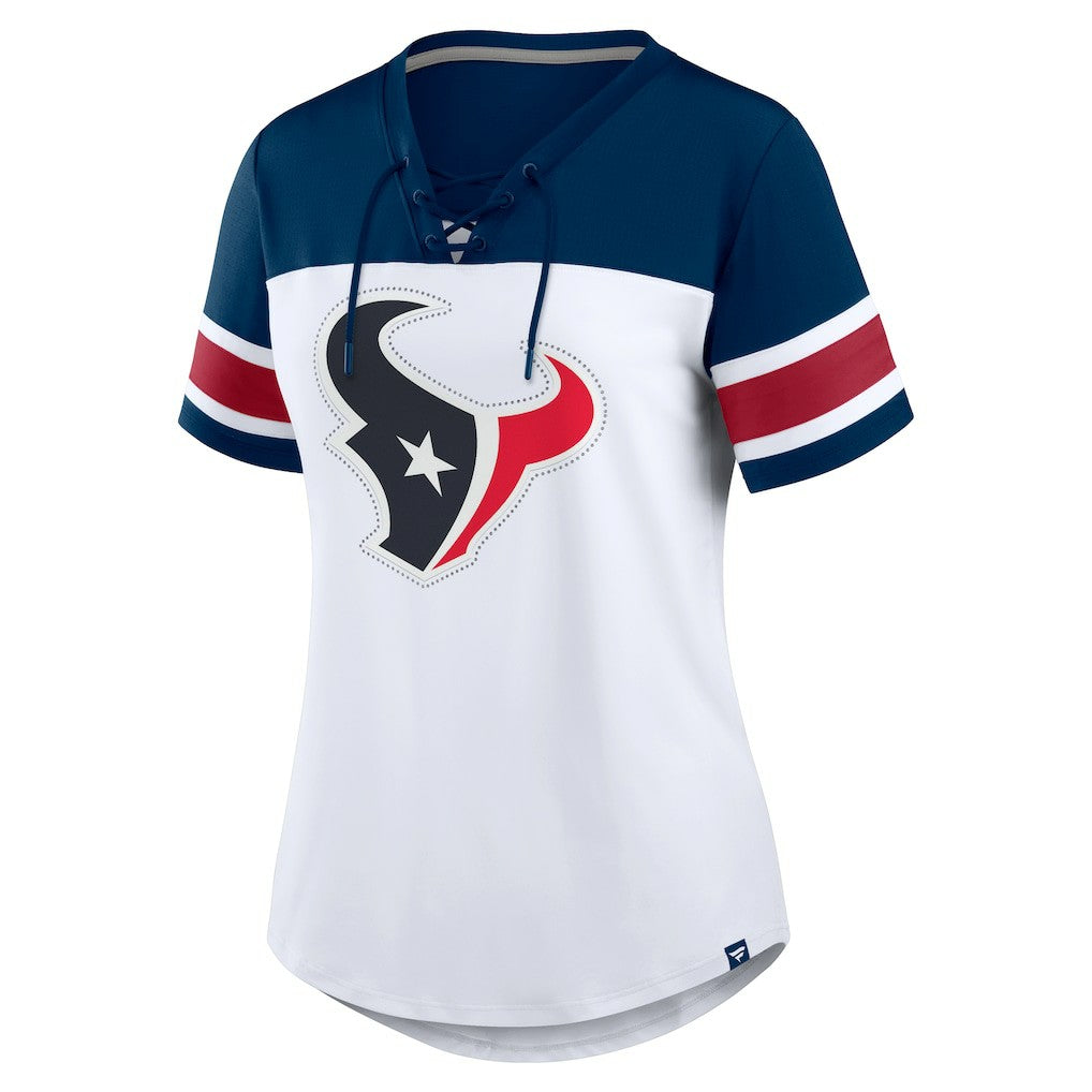 Houston Texans Women's Athena Rhinestone Lace-Up V-Neck T-Shirt - White/Navy - Fanatics