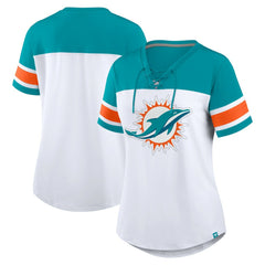 Miami Dolphins Women's Athena Rhinestone Lace-Up V-Neck T-Shirt - White/Aqua - Fanatics
