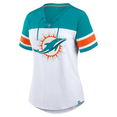 Miami Dolphins Women's Athena Rhinestone Lace-Up V-Neck T-Shirt - White/Aqua - Fanatics