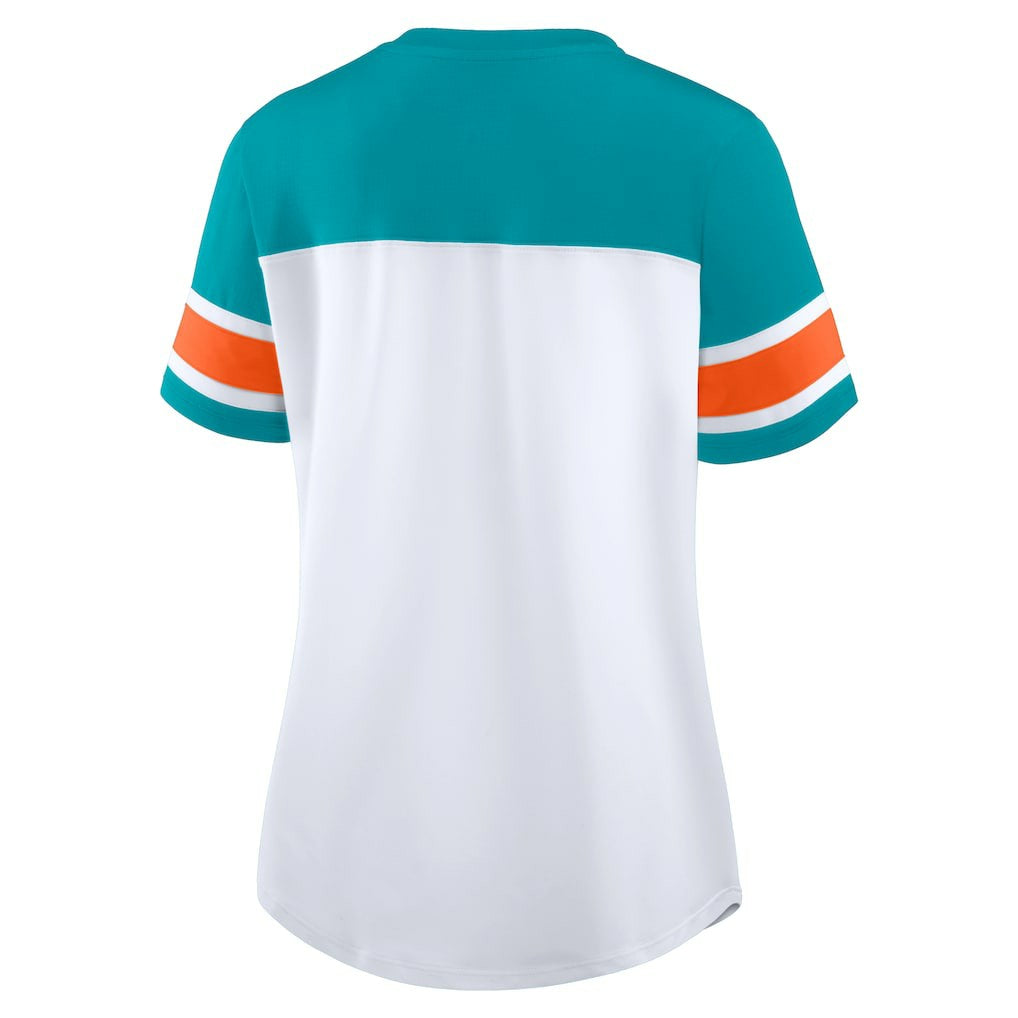 Miami Dolphins Women's Athena Rhinestone Lace-Up V-Neck T-Shirt - White/Aqua - Fanatics