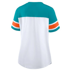 Miami Dolphins Women's Athena Rhinestone Lace-Up V-Neck T-Shirt - White/Aqua - Fanatics