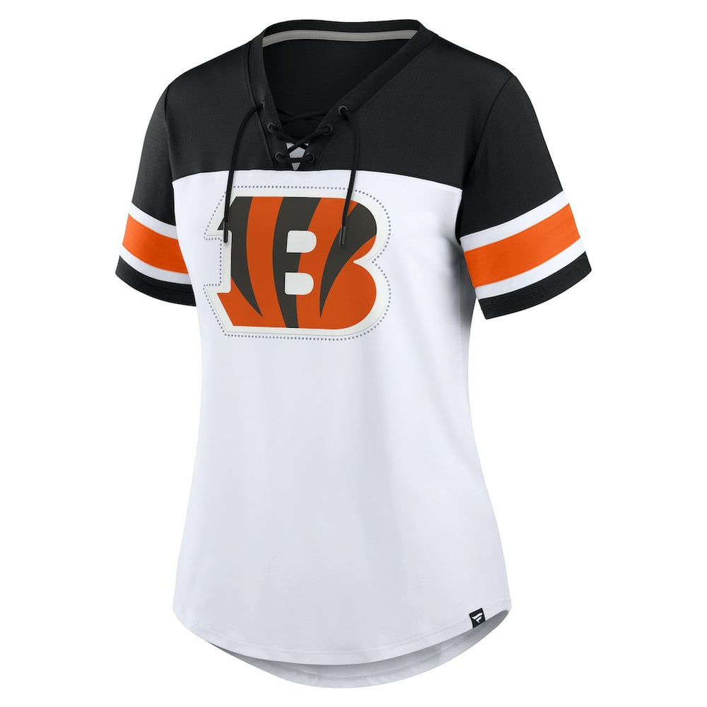 Cincinnati Bengals Women's Athena Rhinestone Lace-Up V-Neck T-Shirt - White/Black - Fanatics