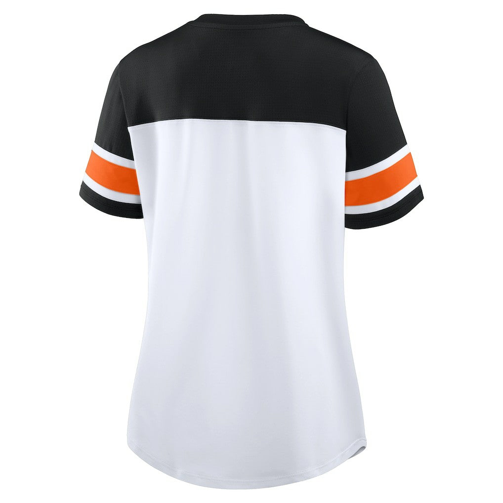 Cincinnati Bengals Women's Athena Rhinestone Lace-Up V-Neck T-Shirt - White/Black - Fanatics